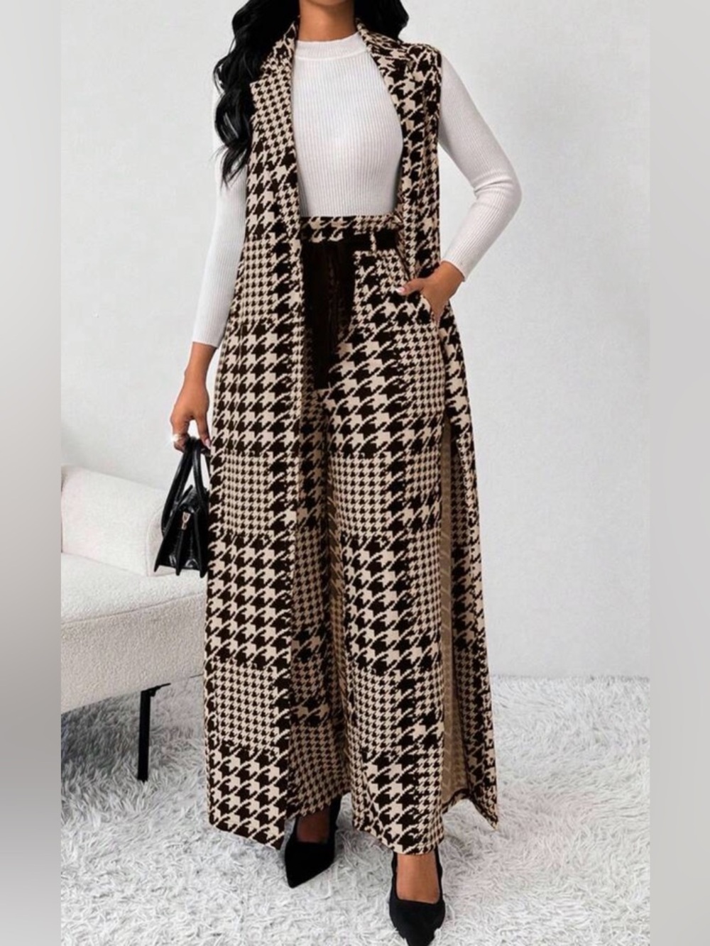 SHEIN Beige & Black Houndstooth Wide-Leg Pants with Long Vest